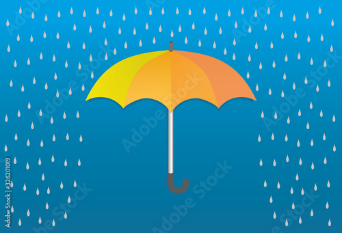 Vector illustration, yellow, orange umbrella in rainy weather.