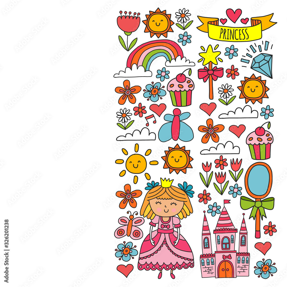 Vector pattern for little girls. Princess illustration for happy birthday party. Vector pattern for little girls. Princess illustration for happy birthday party.