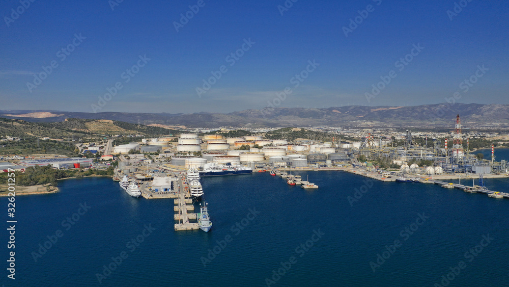 Aerial drone panoramic photo of industrial area of Elefsina and Helenic Refinery and Petroleum plant, Attica, Greece