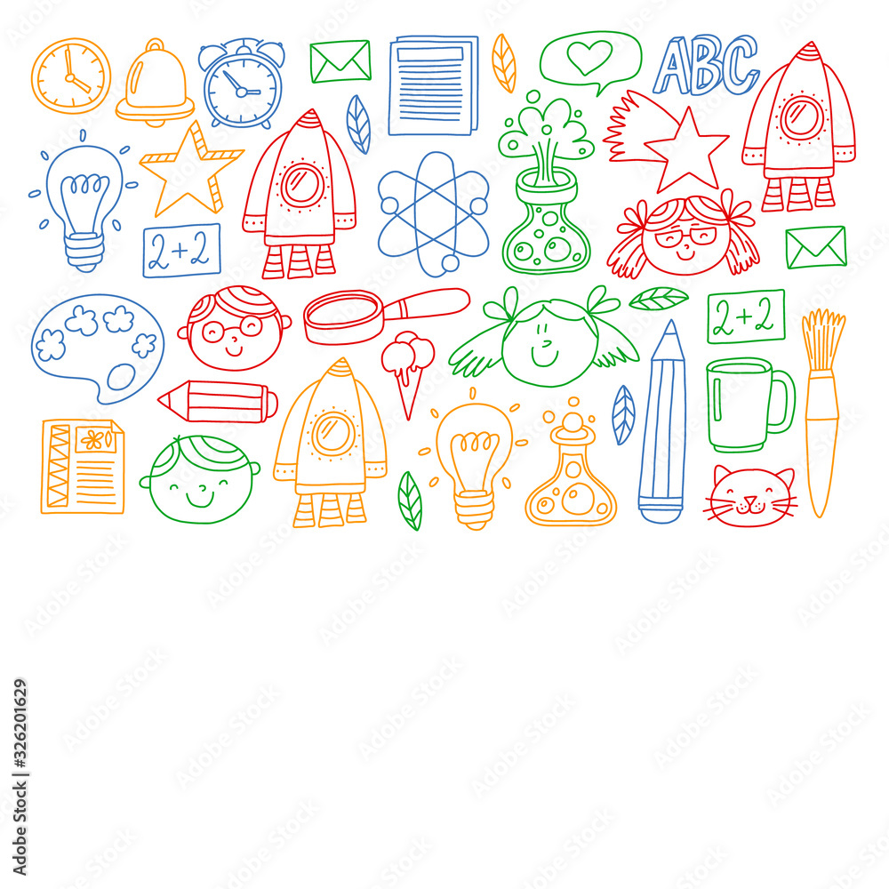 Vector pattern with back to school icons for posters, banners, covers.