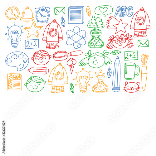 Vector pattern with back to school icons for posters, banners, covers.