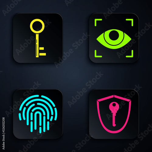 Set Shield with key , Key , Fingerprint and Eye scan . Black square button. Vector