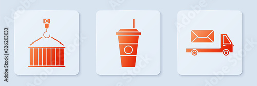 Set Coffee cup , Container on crane and Post truck . White square button. Vector