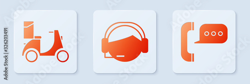 Set Support operator in touch, Scooter delivery and Telephone with speech bubble chat . White square button. Vector