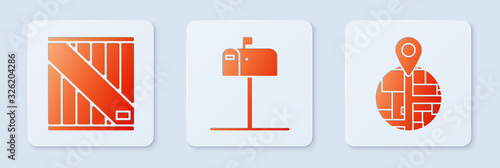 Set Open mail box , Wooden box and Placeholder on map paper in perspective . White square button. Vector