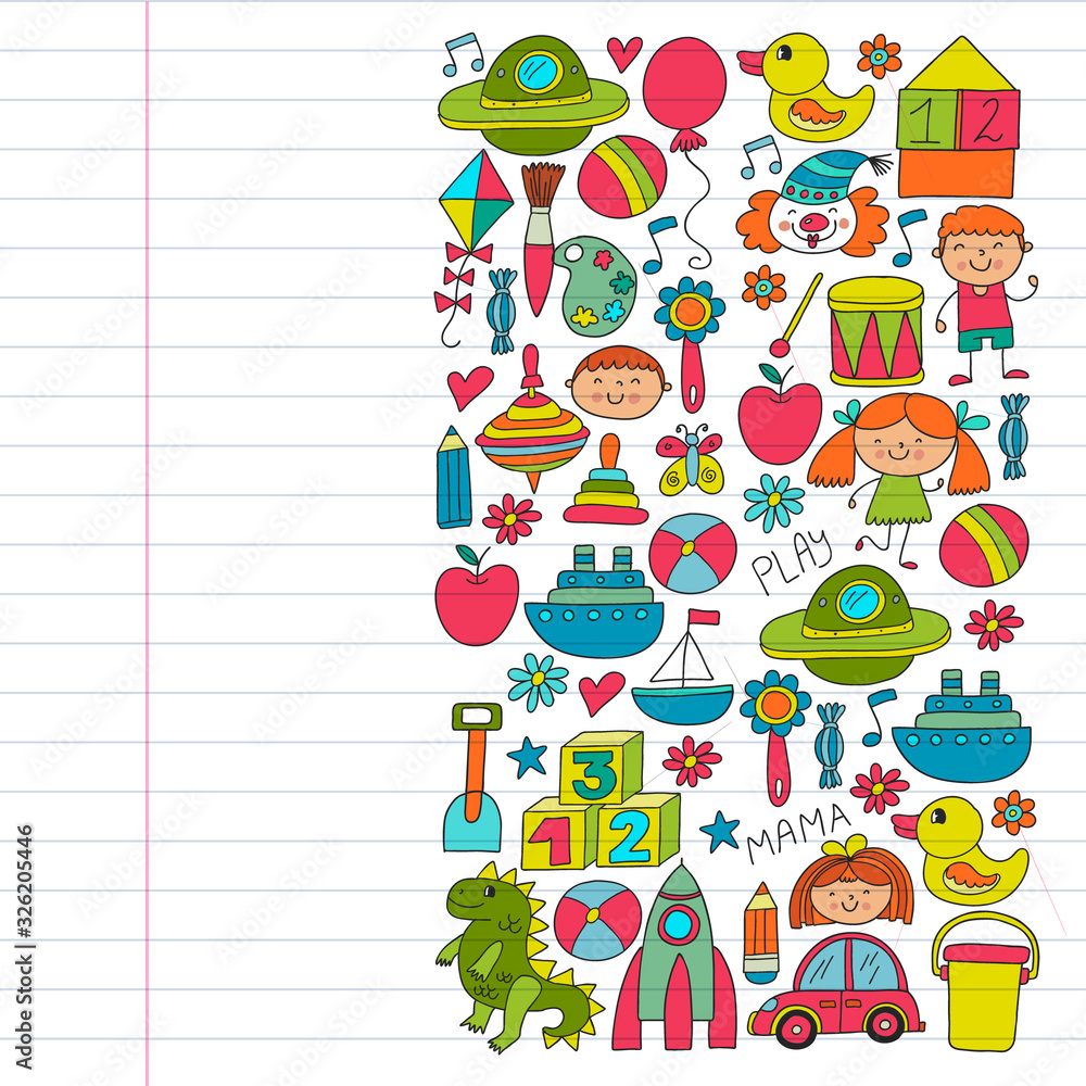 Kindergarten preschool school children. Kids drawing style vector pattern. Play grow learn together.