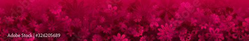 Spring banner of various flowers in crimson colors with seamless horizontal repetition