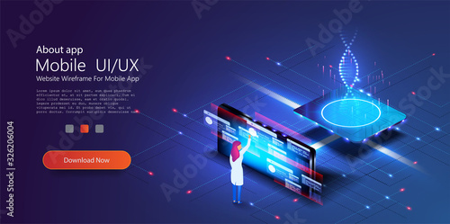 Woman scientist. Researcher scientist tests DNA in a chemical laboratory, pharmaceutical biochemistry. Modern with genetic. Science lab. Futuristic vector isometric illustration