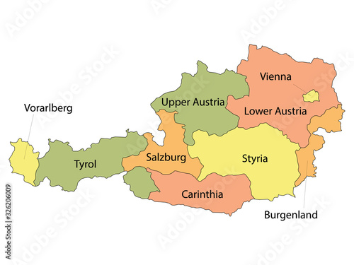 Labeled Colorful Regions Map of European Country of Austria