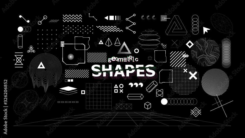 Stylish geometric shapes. Neo memphis design elements for t-shirt and merch print. Abstract collection elements of different shapes and types. Vaporwave style, universal geometric pattern. Vector
