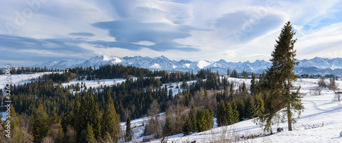 Panoramic winter landscape of High Tatra Mountains