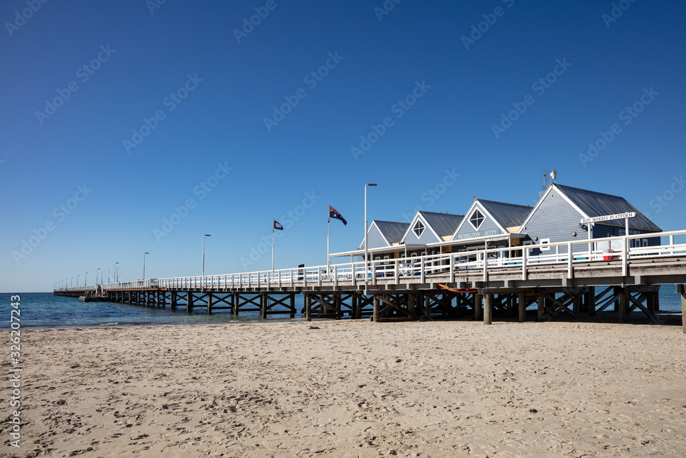 The iconic 4 huts located at the start of the Busselton pier, reputedly the longest wooden structure in the world. Busselton is located 220 km south west of Perth in Western Australia