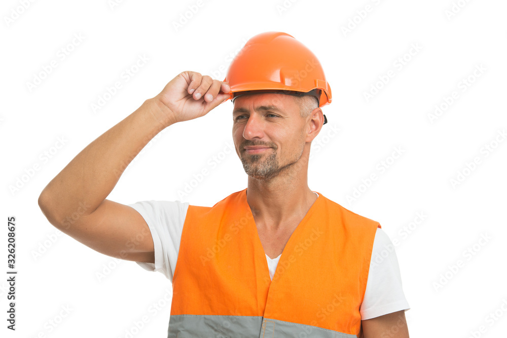 Everything is under control. Safety concept. Man wear protective hard hat and uniform. Cheerful builder. Protective equipment concept. Handsome builder. Inspector control. Architect control Everything is under control. Safety concept. Man wear protective hard hat and uniform. Cheerful builder. Protective equipment concept. Handsome builder. Inspector control. Architect control