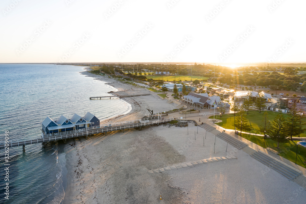 Aerial sunrise view of the huts at the start of the Busselton Jetty; Busselton is located 220 km south west of Perth in Western Australia