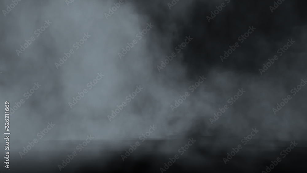 Plakat Realistic cloud fog on black background. White smoke pollution isolated on dark background. 3d rendering.