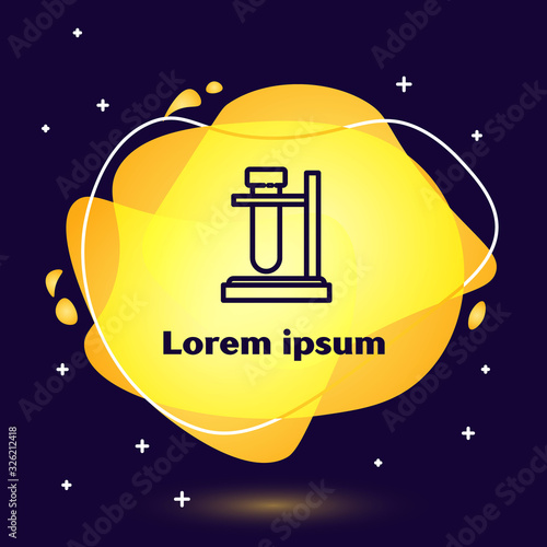 Black line Glass test tube flask on stand icon isolated on blue background. Laboratory equipment. Abstract banner with liquid shapes. Vector Illustration