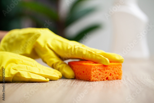 Close Up cleaning company worker hand holding sponge
