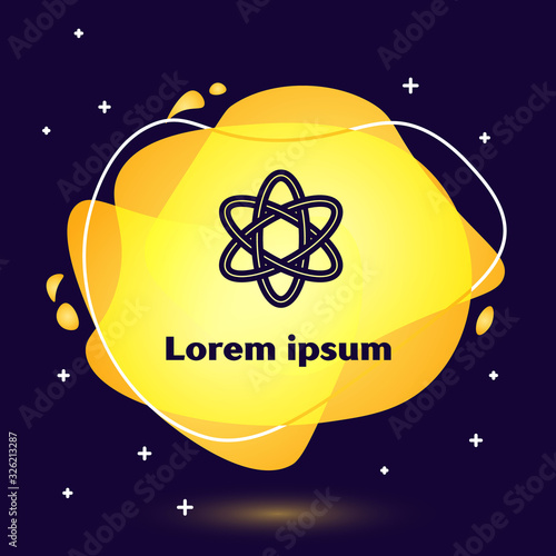 Black line Atom icon isolated on blue background. Symbol of science, education, nuclear physics, scientific research. Abstract banner with liquid shapes. Vector Illustration