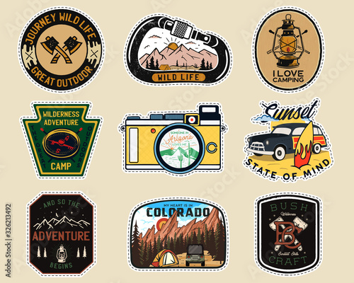 Vintage camp patches logos, mountain badges set. Hand drawn labels designs. Travel expedition, backpacking, surfing stickers. Outdoor hiking emblems. Logotypes collection. Stock vector isolated.