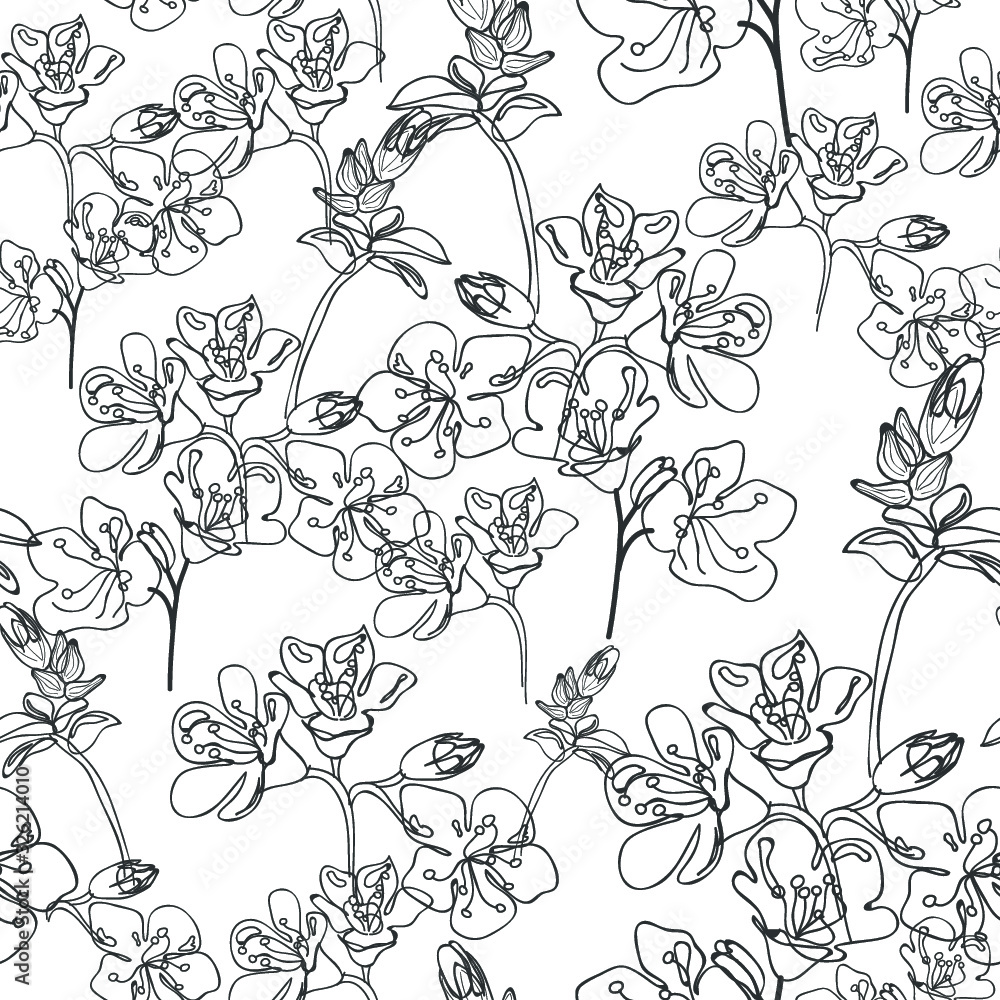 Blossom monochrome floral seamless pattern. Blooming botanical motifs scattered random. Line art vector texture. Good for fashion prints. Hand drawing ink sketch black flowers on white background