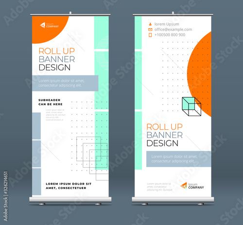 Business Roll Up Banner. Abstract Roll up background for Presentation. Vertical roll up, x-stand, exhibition display, Retractable banner stand or flag design layout for conference, forum.