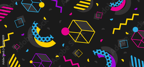 Background in the style of the 80s with multicolored geometric shapes on the black background. Illustration for hipsters Memphis style
