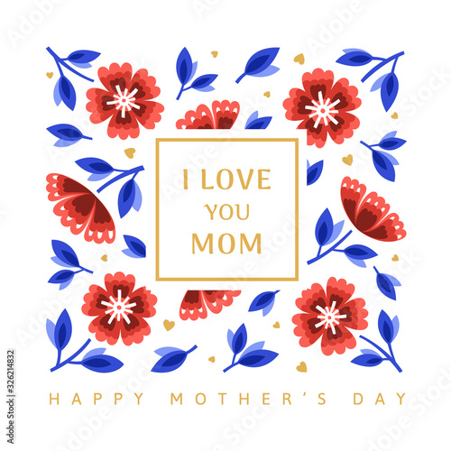 Happy Mothers day greeting card with gold hearts and red flowers. Vector illustration in a modern style