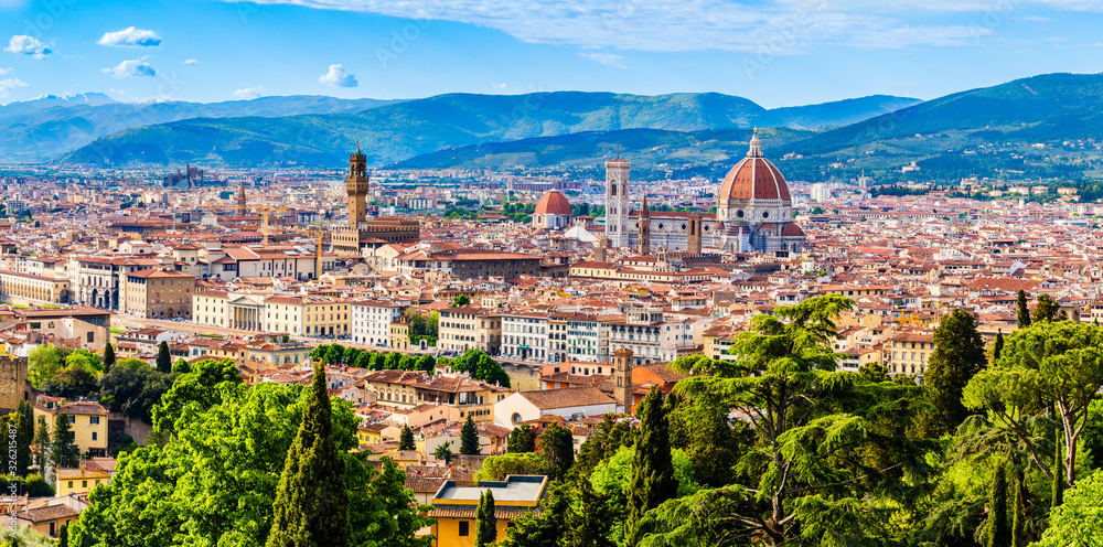 Panoramic view of the old town, Cathedral of Santa Maria del Fiore, Brunelleschi's Dome, Giotto's bell tower, in the historic center of Florence, Tuscany, Italy, a UNESCO World Heritage Site