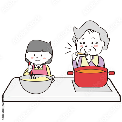 かわいい家族 おばぁちゃんと孫でお料理