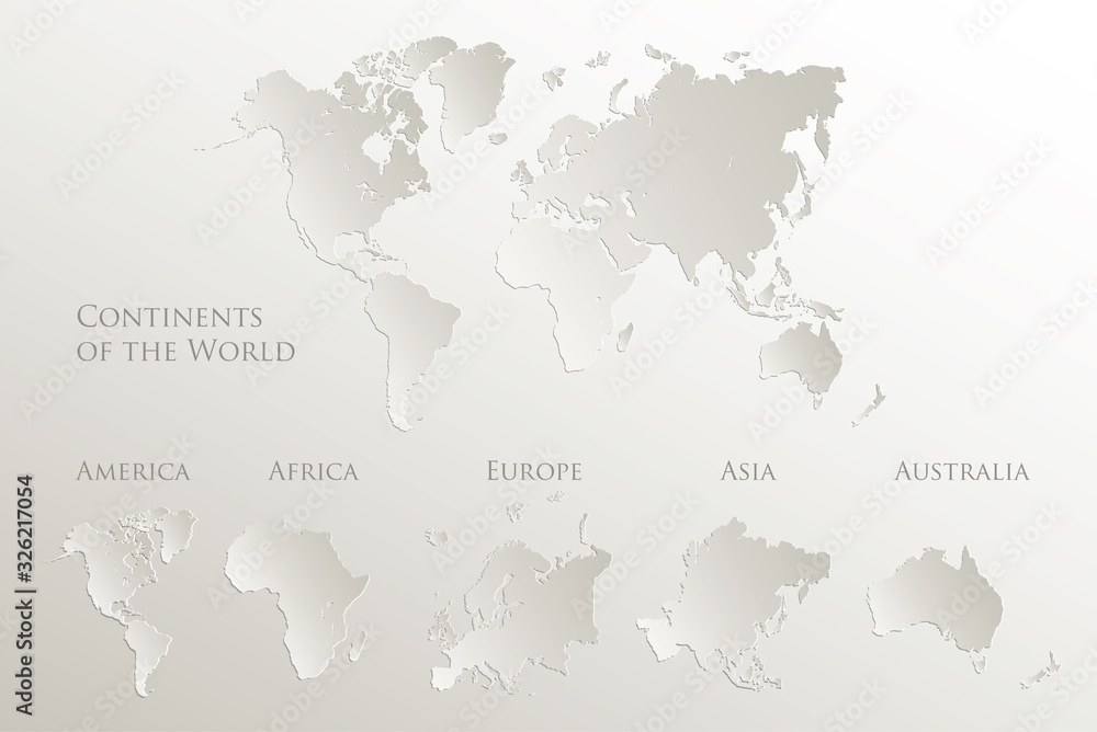 World continents map, America, Europe, Africa, Asia, Australia, Natural paper 3D vector