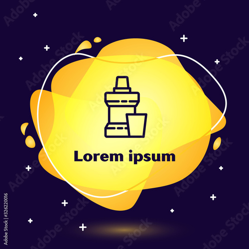 Black line Mouthwash plastic bottle and glass icon isolated on blue background. Liquid for rinsing mouth. Oralcare equipment. Abstract banner with liquid shapes. Vector Illustration
