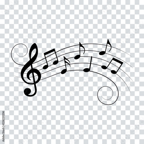 Music notes, waves with swirls, vector illustration.