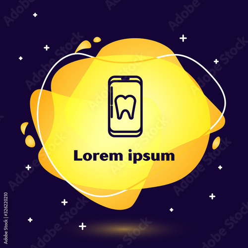 Black line Online dental care icon isolated on blue background. Dental service information call center. Abstract banner with liquid shapes. Vector Illustration