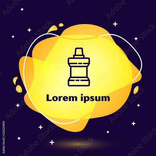 Black line Mouthwash plastic bottle icon isolated on blue background. Liquid for rinsing mouth. Oralcare equipment. Abstract banner with liquid shapes. Vector Illustration