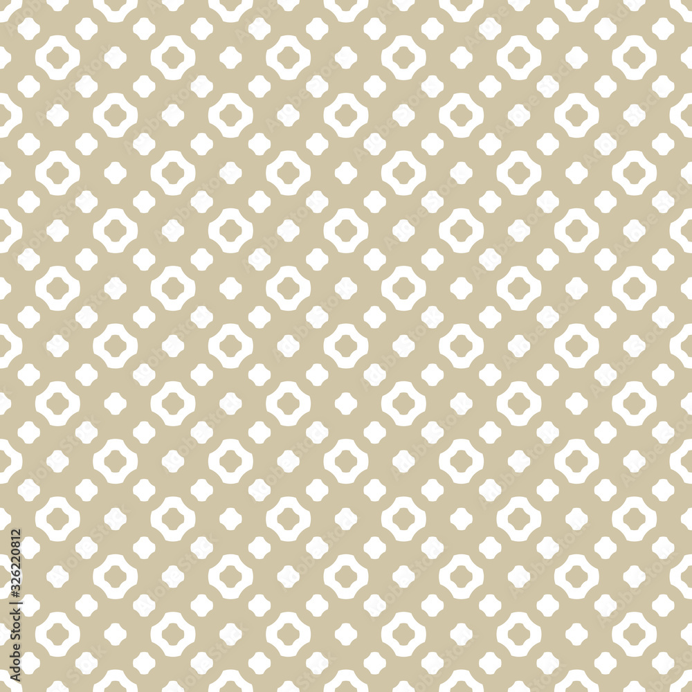 Beige and white vector texture. Cute vintage golden seamless pattern. Abstract geometric background with small floral shapes, rounded crosses, perforated surface. Simple repeated decorative design
