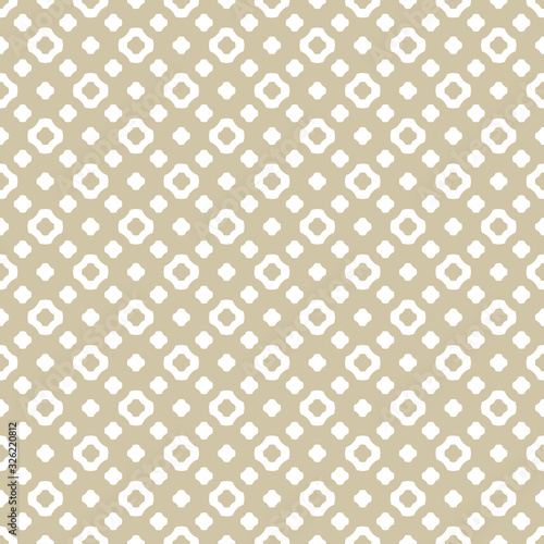 Beige and white vector texture. Cute vintage golden seamless pattern. Abstract geometric background with small floral shapes, rounded crosses, perforated surface. Simple repeated decorative design