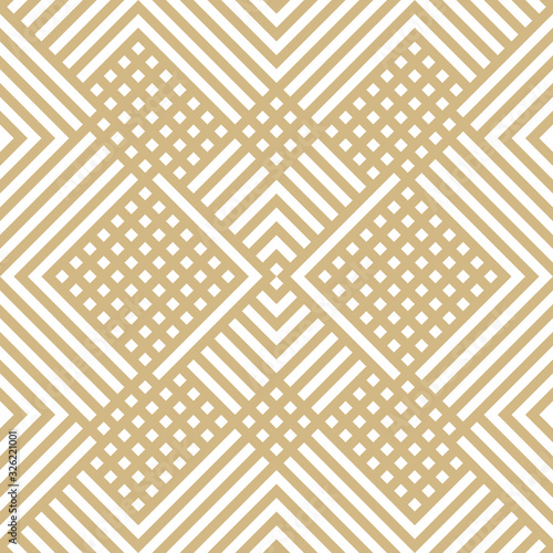 Vector golden geometric lines seamless pattern. Subtle modern texture with squares, stripes, chevron, zigzag, grid, repeat tiles. Simple abstract geometry design. Gold and white graphic background