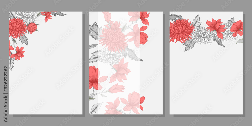 Set of cards / templates with gray and red flowers