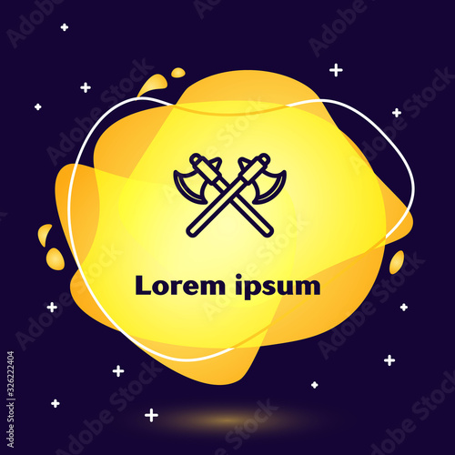 Black line Crossed medieval axes icon isolated on blue background. Battle axe, executioner axe. Abstract banner with liquid shapes. Vector Illustration