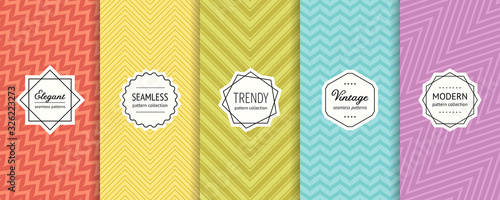 Zigzag chevron patterns collection. Vector geometric seamless textures with zig zag lines, stripes. Set of cute colorful minimal abstract background swatches with elegant modern minimalist labels