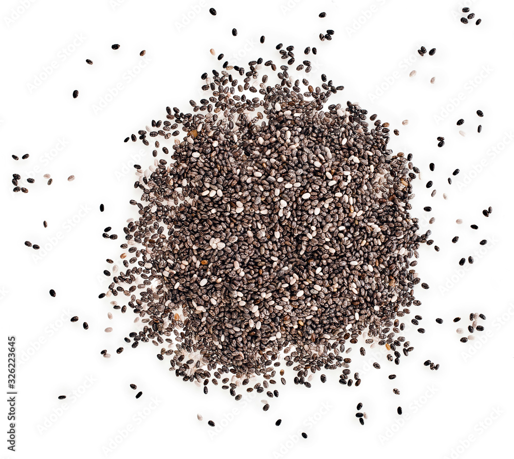Heap of chia seeds isolated on a white background. Top view. Heap of chia seeds isolated on a white background. Top view.