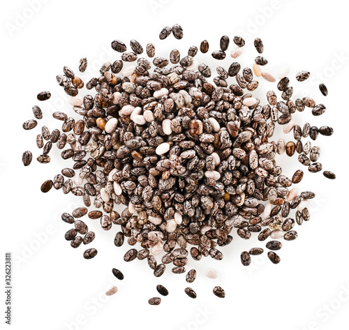 Heap of chia seeds isolated on a white background. Top view.
