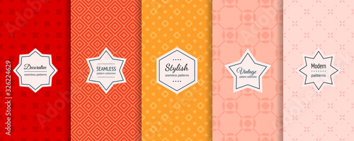 Abstract vector geometric seamless pattern collection. Set of simple colorful background swatches with elegant minimal labels. Cute modern floral geo textures. Red, orange, yellow, coral, pink color