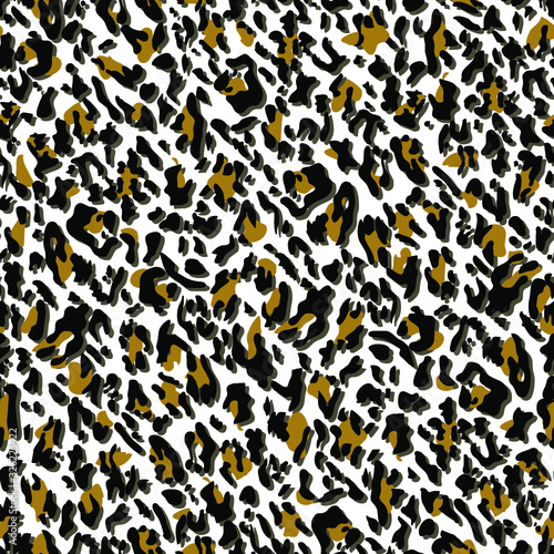 Leopard skin seamless pattern. Fashionable print with brown, black and white. Modern wild animal repeat illustration. Stylized spotted vector texture. For fashion, fabric, wallpaper, tile, design.