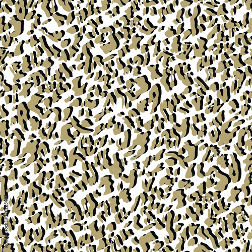 Leopard skin seamless pattern. Fashionable light brown print with black and white. Modern wild animal repeat illustration. Stylized spotted vector texture. For fashion, fabric, wallpaper, design.