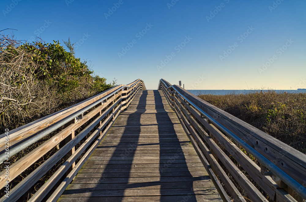 Eine einsame Holzbrücke mit Sträuchern an der Seite, die zum Strand führt