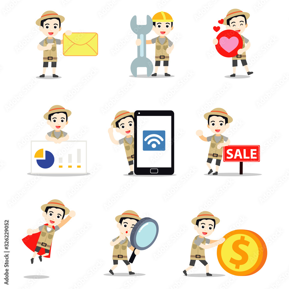 Set character of paleontologist male join in ancient animal skeleton exploration team. Set character of paleontologist male join in ancient animal skeleton exploration team.