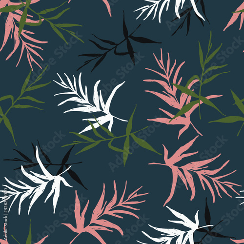 Botanical sketch drawing seamless pattern. Branches with leaves scattered random. Trendy abstract color vector texture. Fashion prints, fabric, design, clothing. Hand drawn leaf on blue background