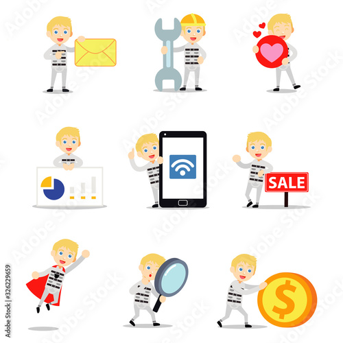 Set character of man in restrain suit with a sad expression.