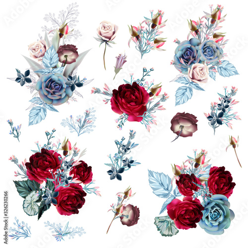 Collection of vector rose flowers compositions in vintage style for cards, in...